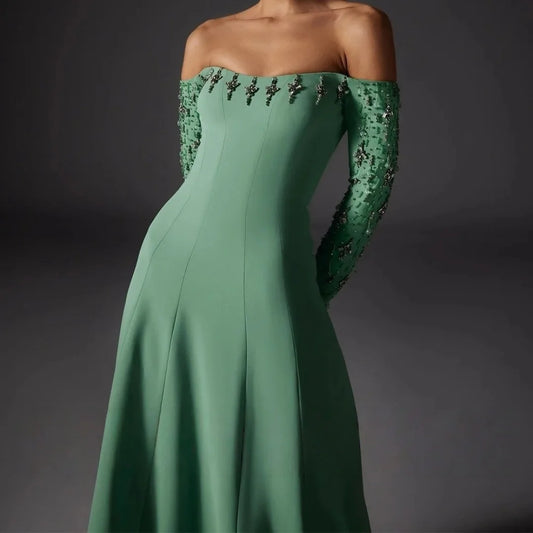 Green Glitter Off The Shoulder Prom Dresses Long Sleeves Strapless vestidos de festa