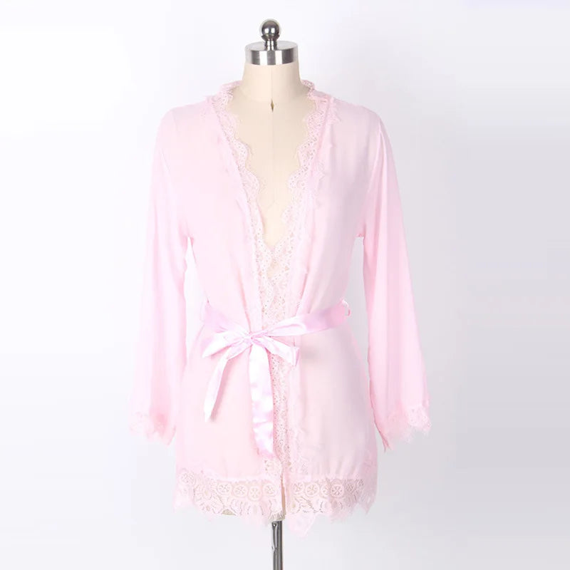 Women's Sheer Lace Kimono Robe, Long Sleeve V-Neck Belted Soft Bridal Wedding Lingerie Nightwear Multi-color