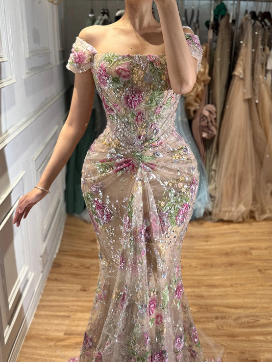 Serene Hill 2026 Luxury Nude Pink Floral Beaded Mermaid Evening Dress Gowns For Wedding Party