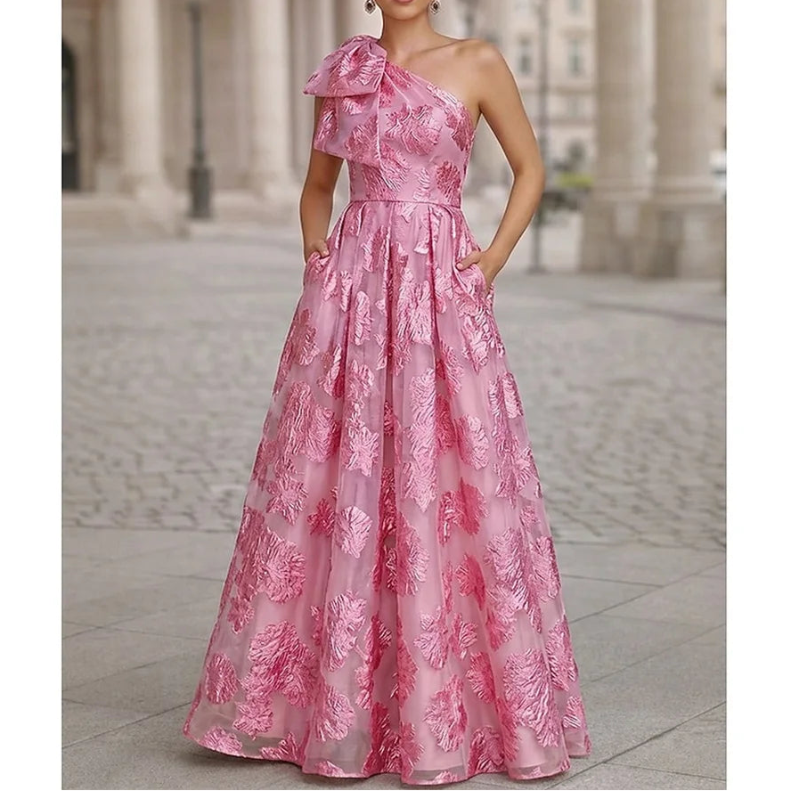 Blue A-line Single Shoulder Off-shoulder Women's Elegant Wedding Party Dress 2026