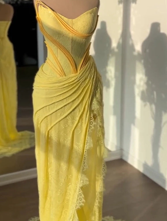 Romantic Lace Evening Dress Sexy Strapless Sleeveless Prom Dress Pleat High Slit Summer Vacation Women's Dress