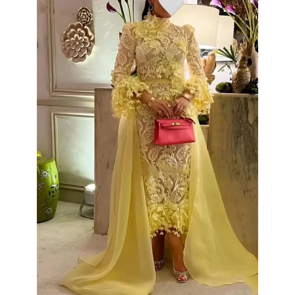 Luxury Lace Appliqued Women's Evening Dresses for Birthday Party High Neck Long Sleeves Side Sweep Train Prom Dresses