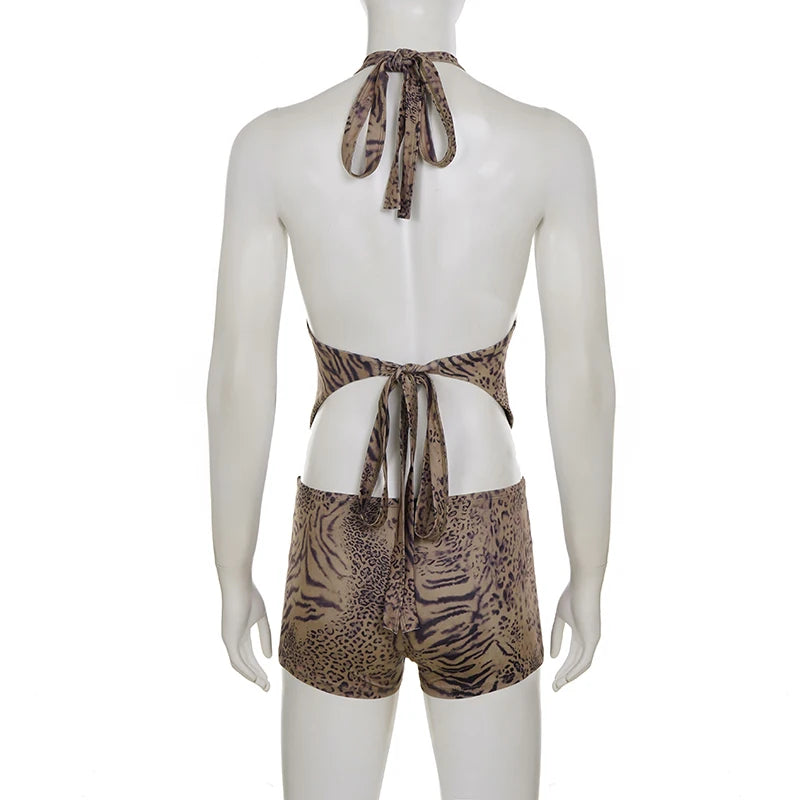 Woman Leopard Print Set Outfit Halter Deep V-neck Backless Crop Top Shorts Sexy Summer Clothes