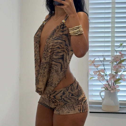 Woman Leopard Print Set Outfit Halter Deep V-neck Backless Crop Top Shorts Sexy Summer Clothes