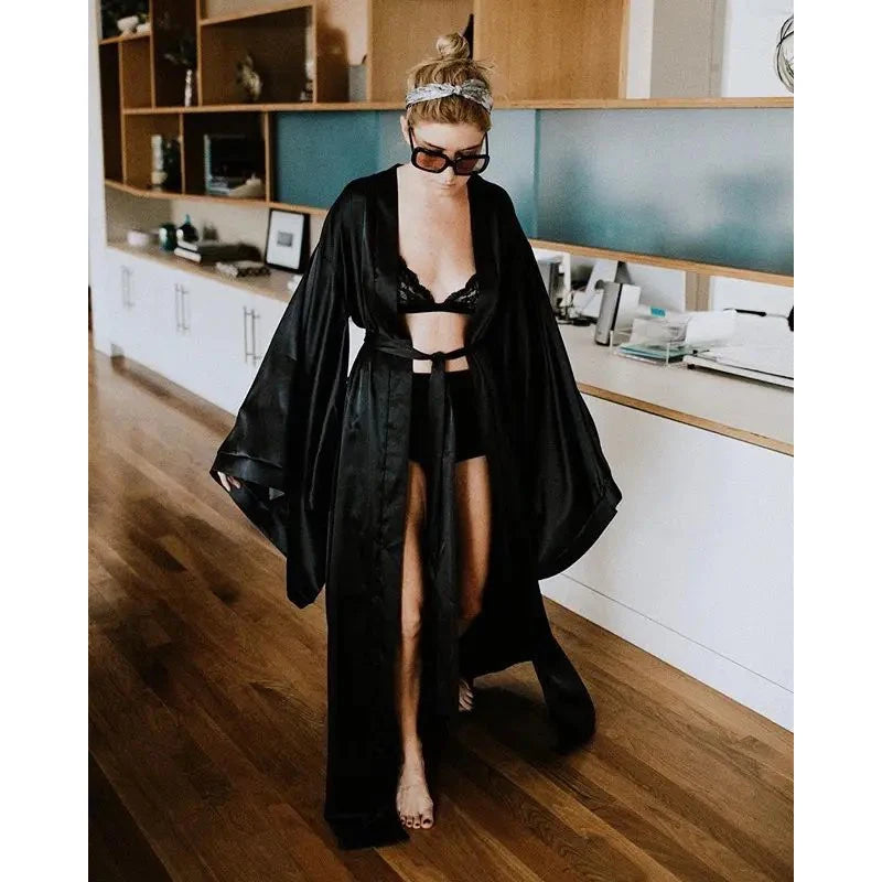 New Solid Robes Women Long Sleeve Nightgown Ladies Girls Silk Satin Smooth Spring Lace Sleepwear Female