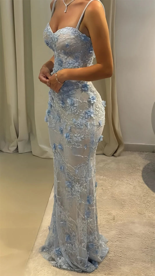 Sky Blue Exquisite Flowers Prom Dress Spaghetti Straps Lace-up vestidos de noiva Floor-length Evening Dresses