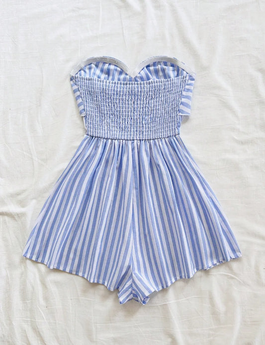 Women's Spring/Summer Cruise Vacation Blue Striped Front Waiver Loose Jumpsuit, Suitable for Party, Date, Afternoon Tea