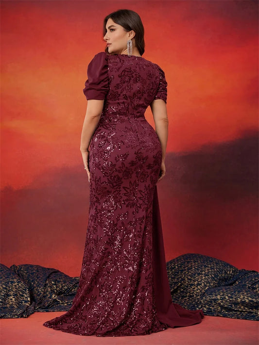 Plus Size Elegant Short Sleeve Sequins Formal Evening Dresses Women Luxury Mermaid Wedding Party Bridesmaid Gowns