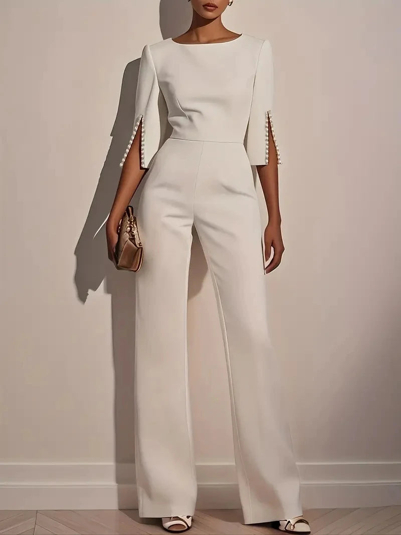 Women's Jumpsuit Casual Solid Color Length Sleeve Straight Round Neck Beaded High Waist Daily Going out Regular Fit Black