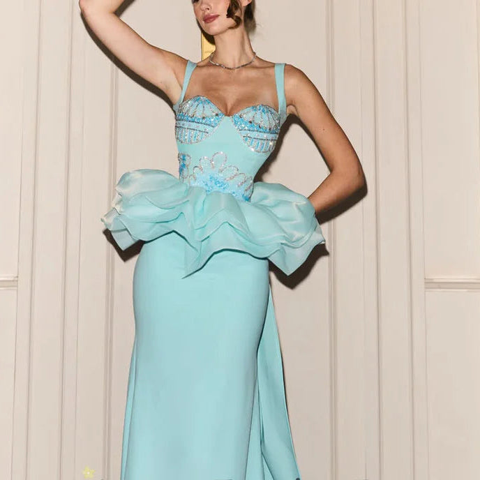 Corset Mermaid Evening Gowns Spaghetti Strap Sweetheart Organza Ruffle Floor-Length Prom Gown Abito Da Sera