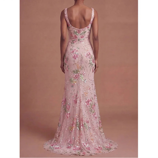 A-line Flower Square Neck Backless Evening Dresses Woman Elegant Woman Dress Women's Evening Dress for Weddings