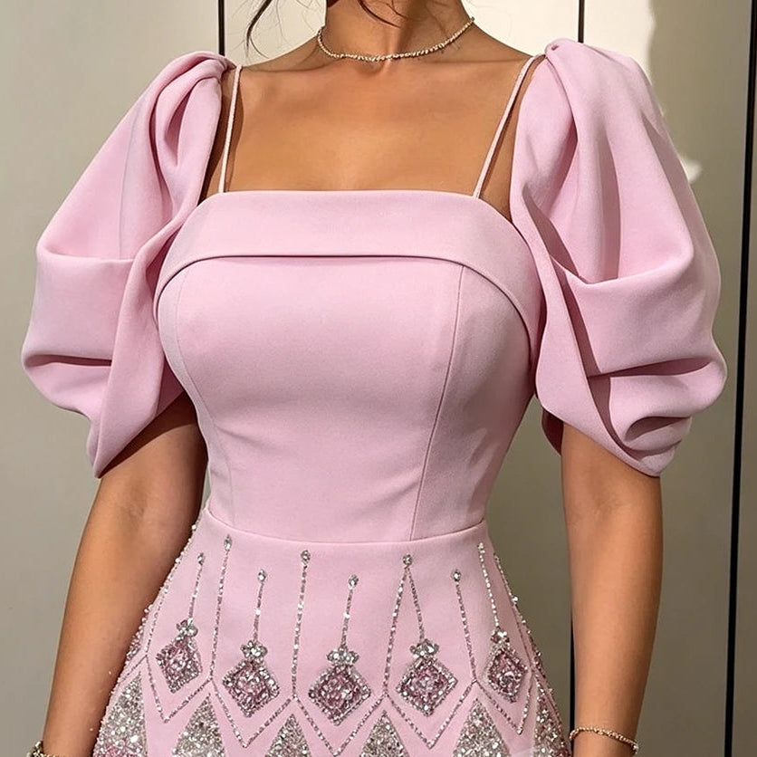 Women's A-line Evening Dresses Floor-length Square Collar Short Sleeve Prom Dresses Fashion Crystal