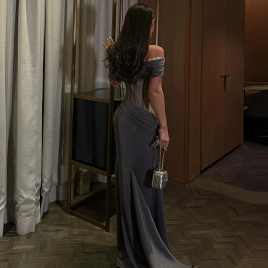 Sexy Mermaid Evening Dress Charming Off the Shoulder Sweep Train Cocktail Dresses Delicate Ruched Satin Party