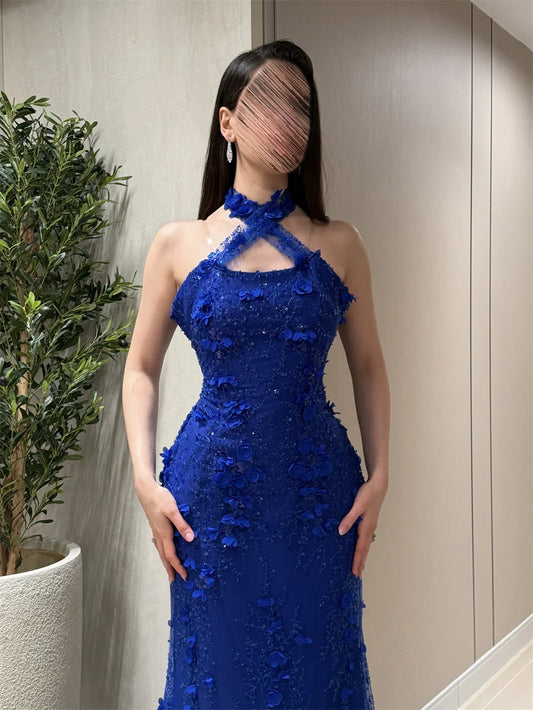 Royal Blue Halter Neck Evening Dress Sheer Strap Prom Dresses 3D Floral Vestidos De Noche Formal Evening