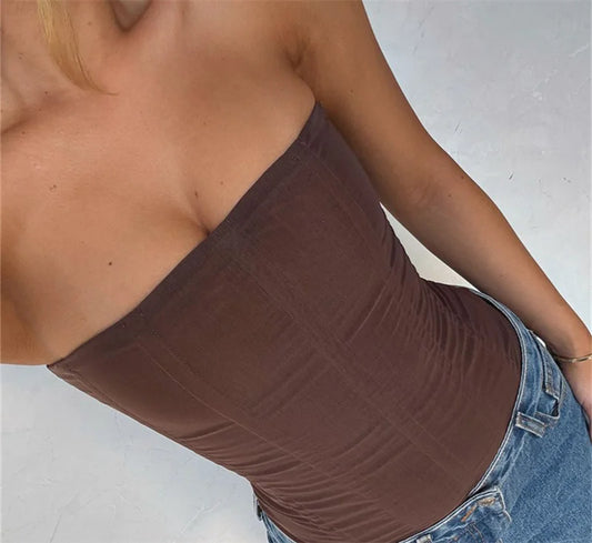 Sexy Slim Vest French High Street Elegant Backless Tank Top Summer Vintage Corset EGirl Solid Color Strapless Tube Top