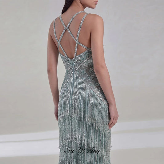 Elegant Strapless Sleeveless Evening Dress Customized Delicate Tiered Tassel Vestido De Noche Sparkly Beading Party Dresses