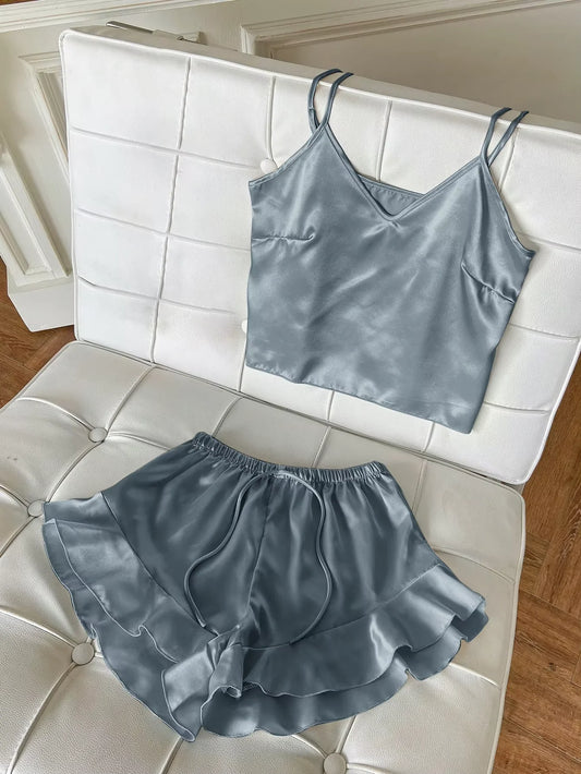 Solid Satin Pajama Set V Neck Cami Top Ruffle Shorts Women's Sleepwear Loungewear