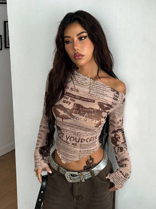 Women's Spring/Summer Retro Street Style Off-Shoulder Asymmetrical Neckline Top
