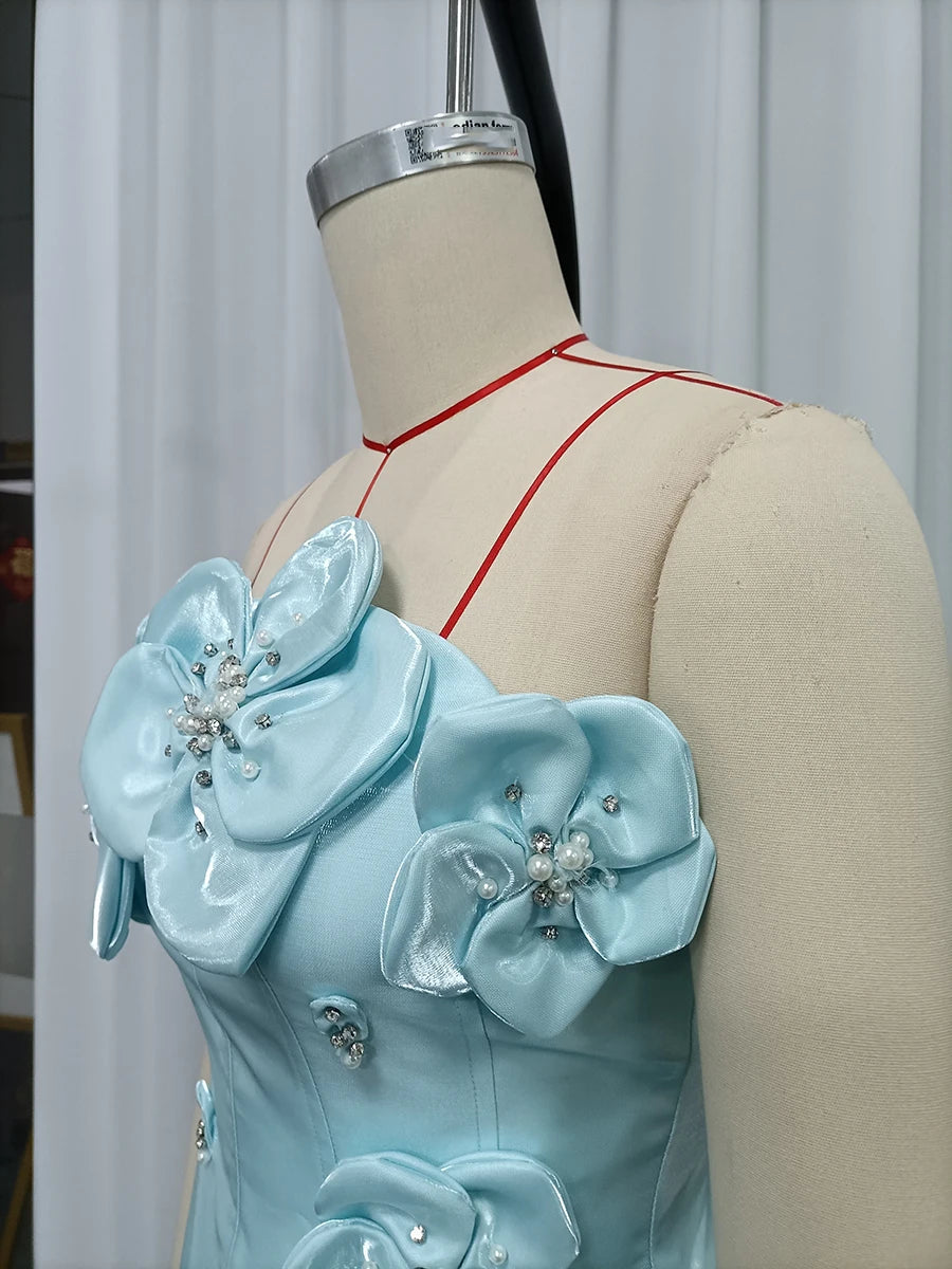 Strapless Corset Mini Cocktail Dress Sky Blue 3D Floral Appliques Rhinestone Satin Short Party Gown For Birthday Homecoming