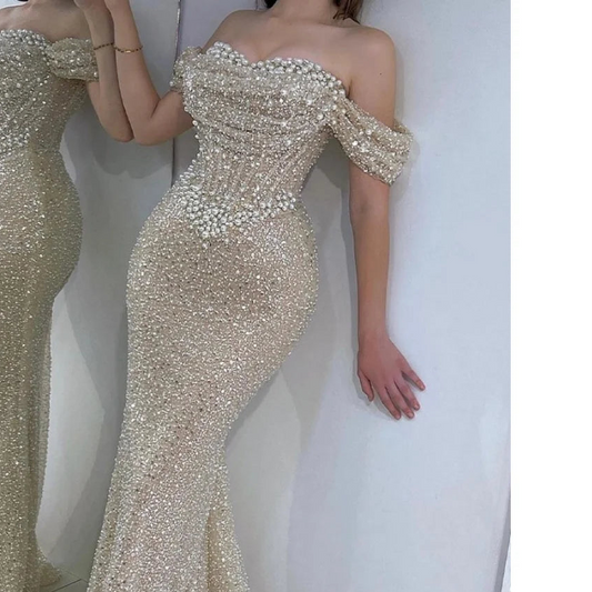 Bead String Off the Shoulder Mermaid robes de soirée Floor-Length Draped Party Evening Dresses Wedding