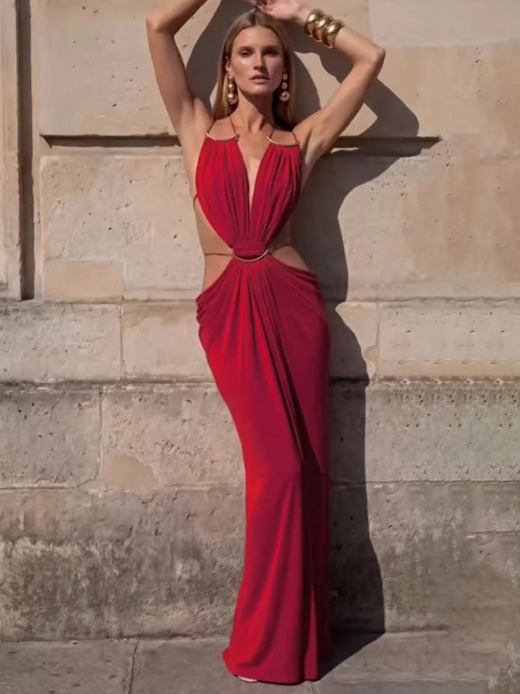 Sexy Halter Deep V Neck Maxi Dress Women Elegant Hollow Out Backless Sleeveless Bodycon Beach Club Party Evening Dress