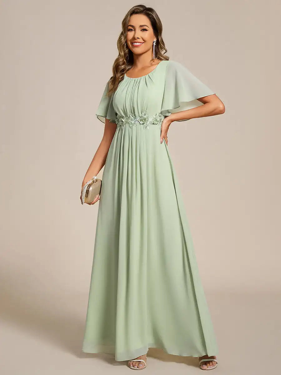 Elegant Evening Dresses Short Sleeves Pleated Applique Floor-Length Ever Pretty of A-Line Dusty Navy Bridesmaid Dress