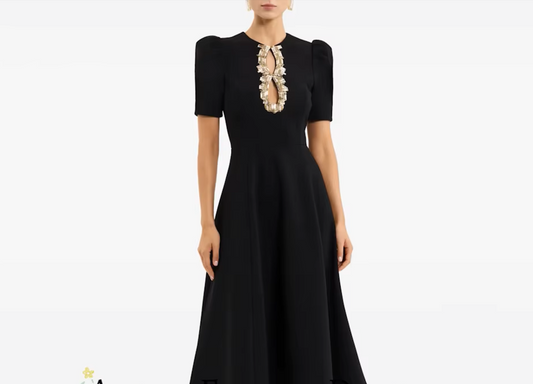 Luxury Black Crepe Midi Dress Gold Rhinestone Cutout Neck Puff Sleeve Formal Women Wedding Banquet Evening Party Gown