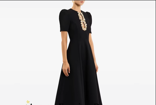 Luxury Black Crepe Midi Dress Gold Rhinestone Cutout Neck Puff Sleeve Formal Women Wedding Banquet Evening Party Gown