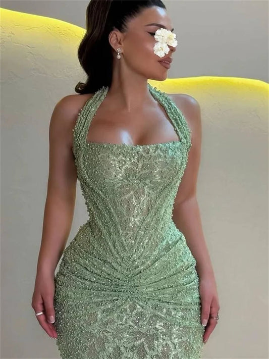 Mint Green Prom Dresses With Halter Neck Ruched Waist And Sequined Lace Floor Length Formal Evening Party Gowns