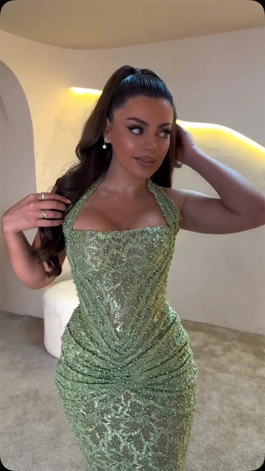 Mint Green Prom Dresses With Halter Neck Ruched Waist And Sequined Lace Floor Length Formal Evening Party Gowns
