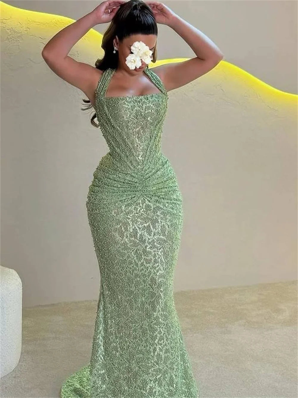 Mint Green Prom Dresses With Halter Neck Ruched Waist And Sequined Lace Floor Length Formal Evening Party Gowns