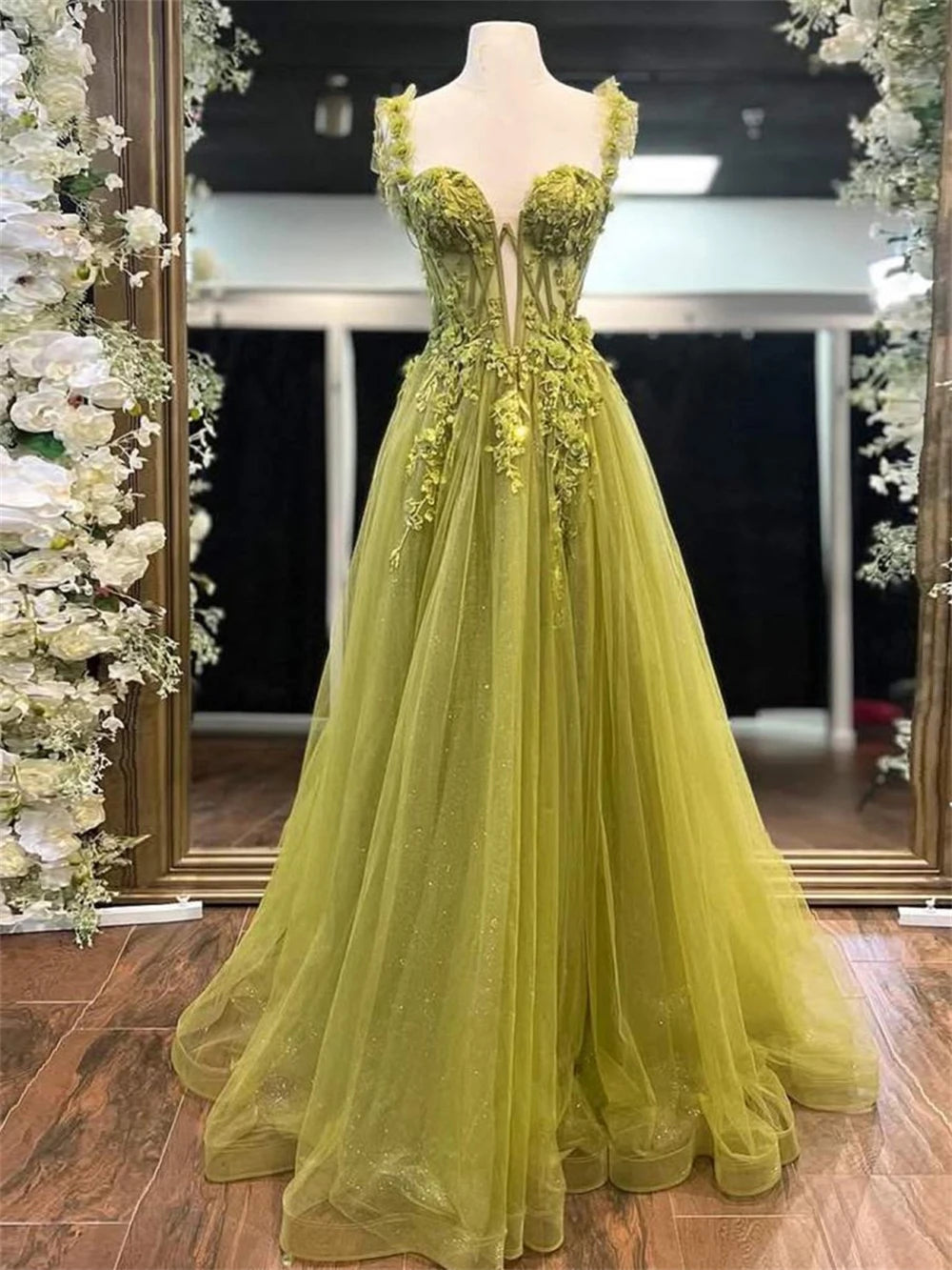 Green Appliques A-Line 3D Flower Prom Dress Spaghetti Strap Vestidos De Noche Floor-Length Formal Evening 2025