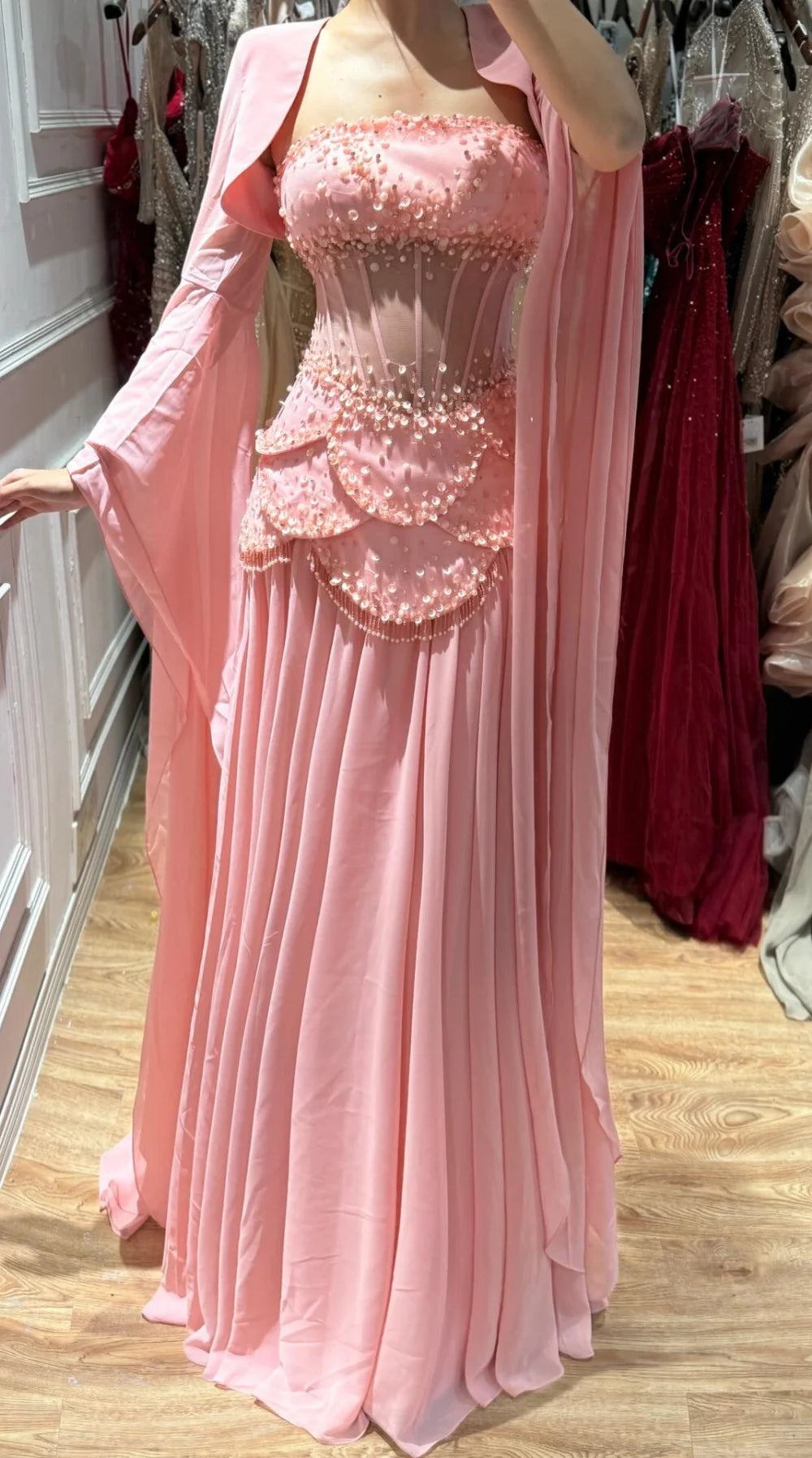Blush Pink Prom Dresses Floor Length Strapless vestidos de noche Sheer Corset  Cape Sleeves Formal Evening 2026