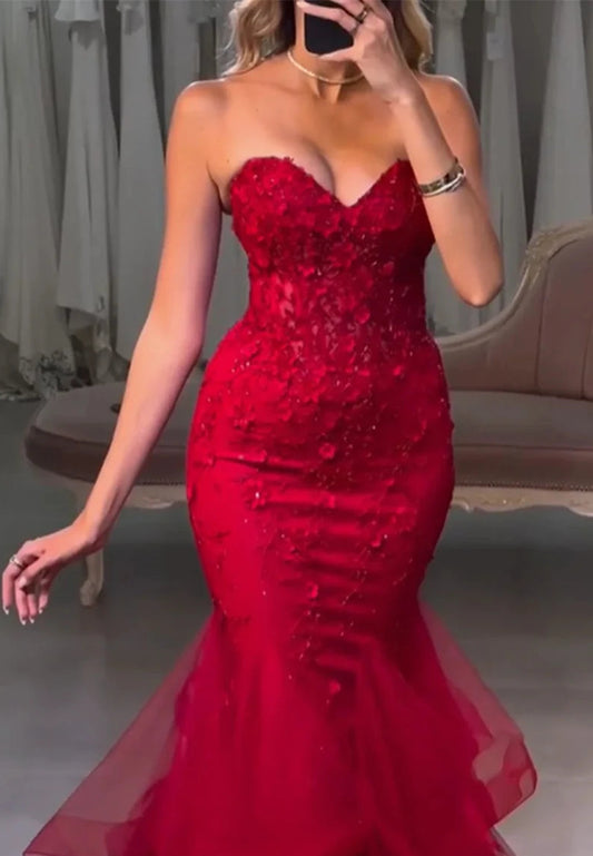 Red Mermaid Sweetheart Neck Flower Appliques Prom Dress Sleeveless Vestidos De Noche Floor-Length Formal Gown