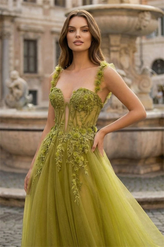 Green Appliques A-Line 3D Flower Prom Dress Spaghetti Strap Vestidos De Noche Floor-Length Formal Evening 2025