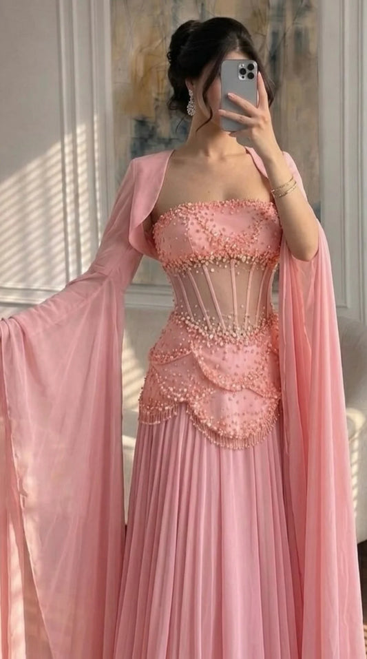 Blush Pink Prom Dresses Floor Length Strapless vestidos de noche Sheer Corset  Cape Sleeves Formal Evening 2026