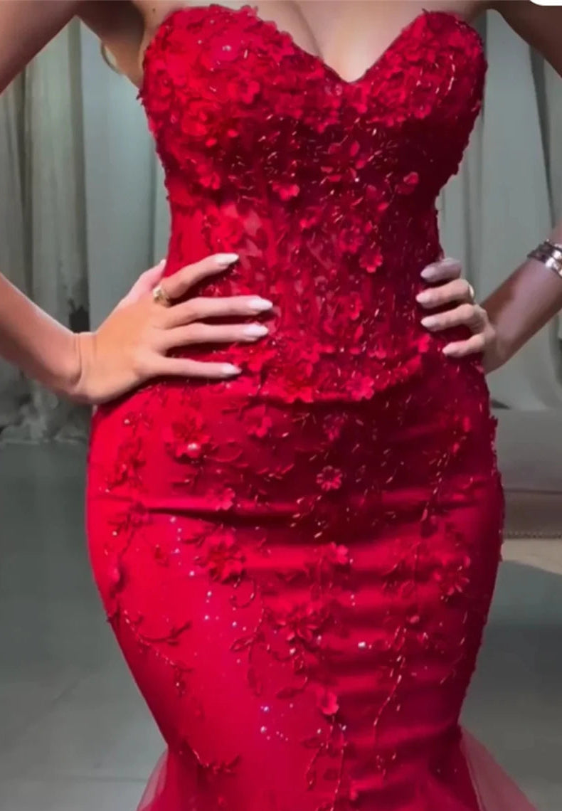 Red Mermaid Sweetheart Neck Flower Appliques Prom Dress Sleeveless Vestidos De Noche Floor-Length Formal Gown