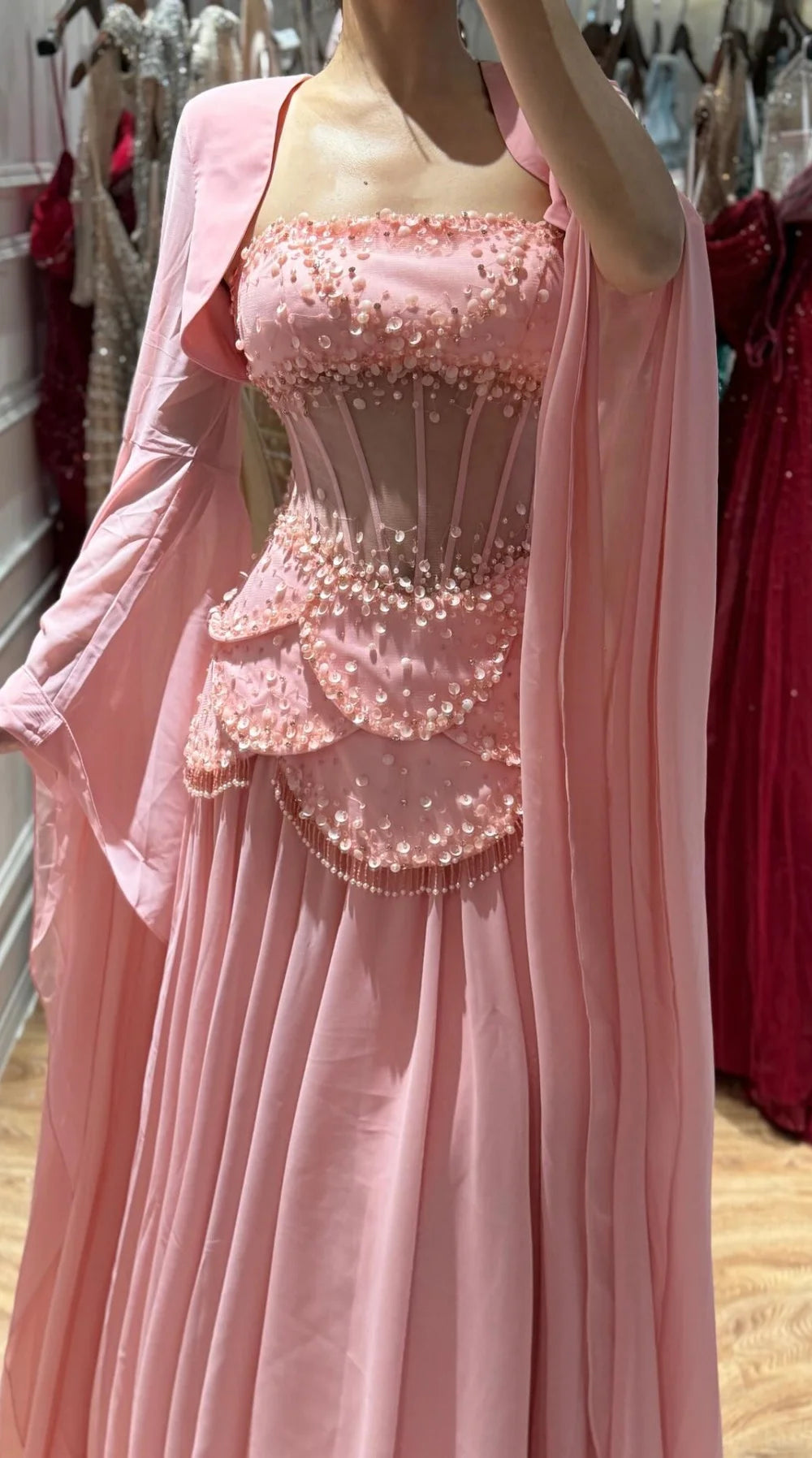 Blush Pink Prom Dresses Floor Length Strapless vestidos de noche Sheer Corset  Cape Sleeves Formal Evening 2026