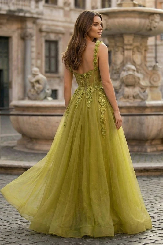Green Appliques A-Line 3D Flower Prom Dress Spaghetti Strap Vestidos De Noche Floor-Length Formal Evening 2025
