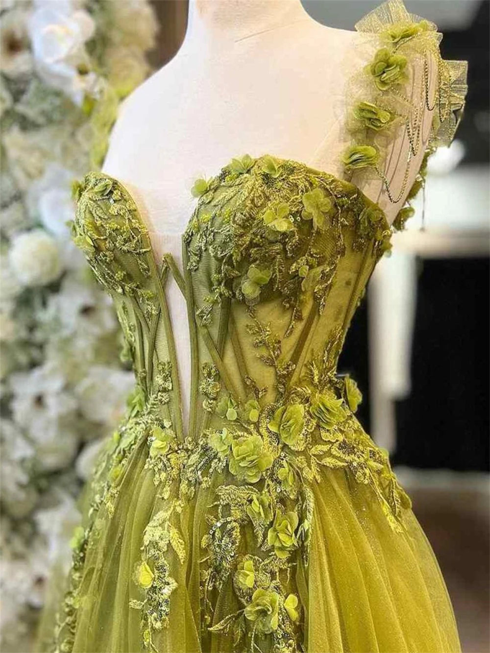 Green Appliques A-Line 3D Flower Prom Dress Spaghetti Strap Vestidos De Noche Floor-Length Formal Evening 2025