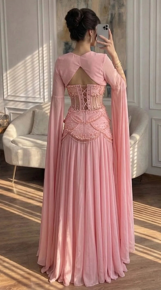 Blush Pink Prom Dresses Floor Length Strapless vestidos de noche Sheer Corset  Cape Sleeves Formal Evening 2026