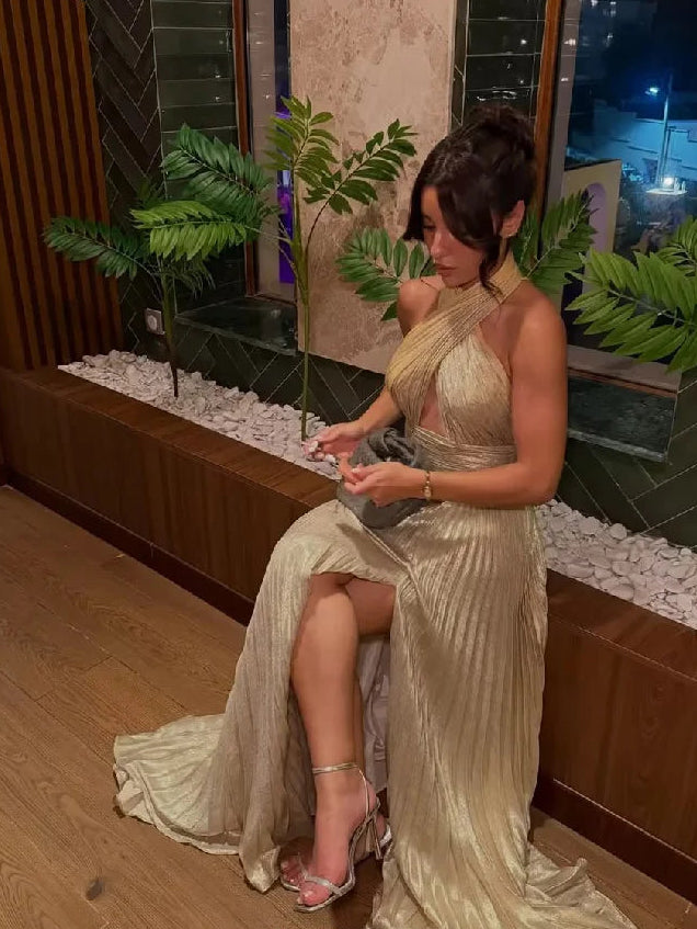 Gowns Halter A Line Side Slit Party Dresses Sexy Side Slit Women Modern Evening Dresses Customized