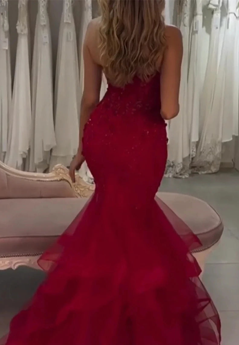 Red Mermaid Sweetheart Neck Flower Appliques Prom Dress Sleeveless Vestidos De Noche Floor-Length Formal Gown
