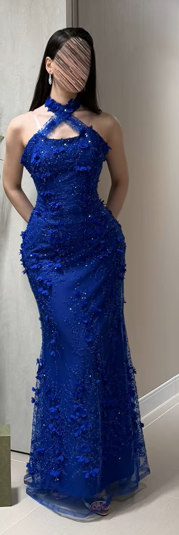 Royal Blue Halter Neck Evening Dress Sheer Strap Prom Dresses 3D Floral Vestidos De Noche Formal Evening