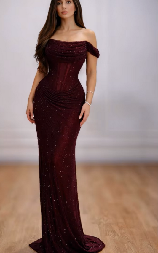 Burgundy Off Shoulder Prom Dresses with Glitter Fabric Ruched Mermaid Silhouette Formal Evening vestidos de gala
