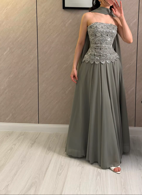 Classic Evening Dress Strapless Beaded Bodice Robes De Soirée Sage Cape Shawl Bridesmaid Dress Maxi Floor Length