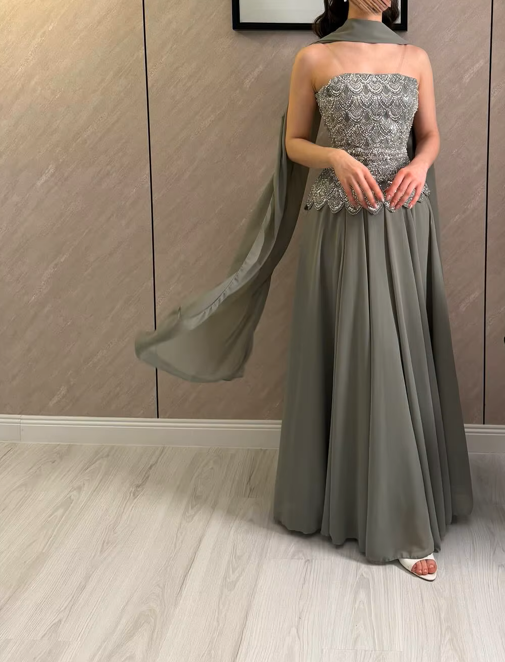 Classic Evening Dress Strapless Beaded Bodice Robes De Soirée Sage Cape Shawl Bridesmaid Dress Maxi Floor Length