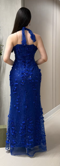 Royal Blue Halter Neck Evening Dress Sheer Strap Prom Dresses 3D Floral Vestidos De Noche Formal Evening