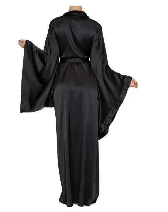 New Solid Robes Women  Long Sleeve Nightgown Ladies Girls Silk Satin Smooth Spring Lace Sleepwear Female