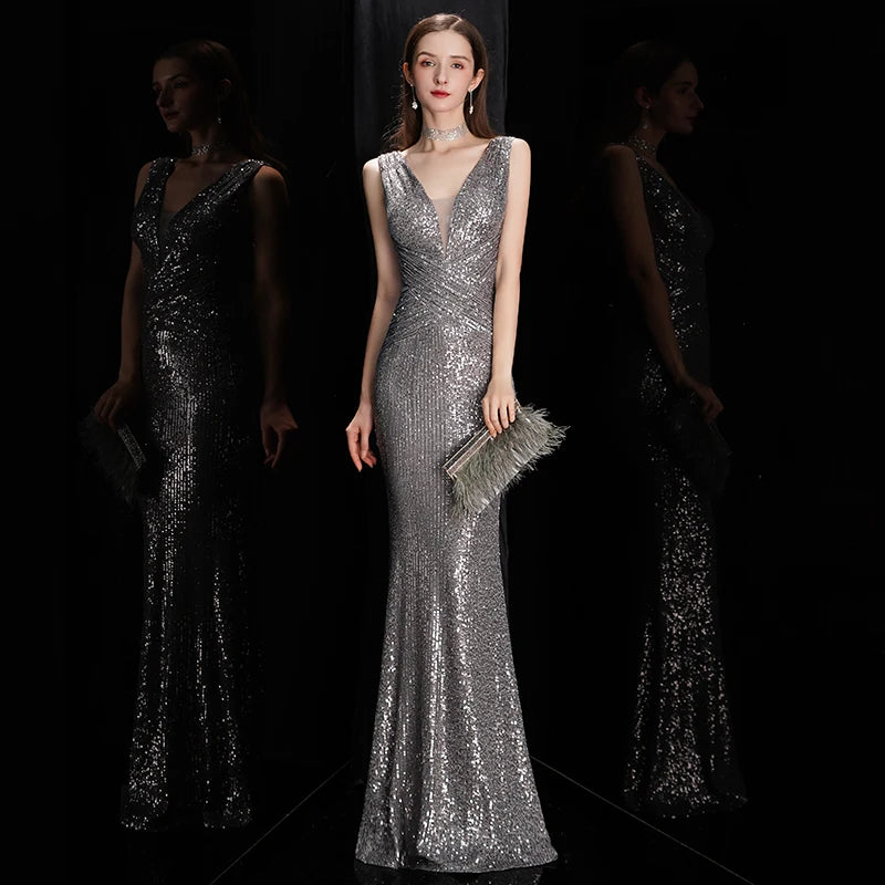 Elegant V Neck Sequin Evening Dress Long 2025 New Women Mermaid Formal Dress Party Gown Bodycon Maxi